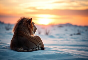 The Majestic Lion in a Winter Wonderland: A Stunning Encounter with Nature's King Amidst the Tranquil Snow-Covered Landscape






