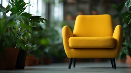 A prominently placed stylish yellow armchair surrounded by abundant, lush, green indoor plants, creating a vibrant and tranquil atmosphere in a modern indoor garden setting.