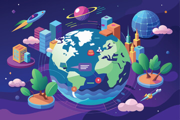 Poster - Colorful illustration of a globe surrounded by futuristic buildings, trees, and spaceships, depicting environmental balance and technological advancement.