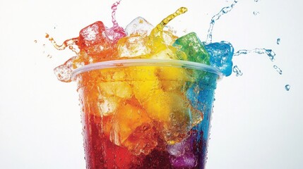 A giant fast food soda cup filled with a colorful, sugary beverage, overflowing with ice and soda