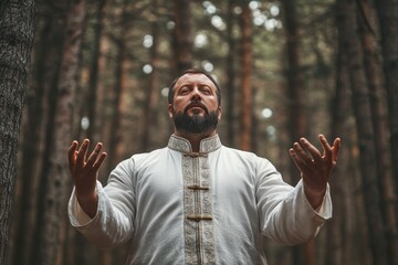 Wall Mural - Serene Plus-Size Man Finding Inner Peace Through Tai Chi in Tranquil Forest Clearing