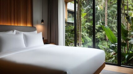 An elegantly designed hotel room showcasing a neatly made bed with white linens, and a large window offering a captivating view of the surrounding lush garden.