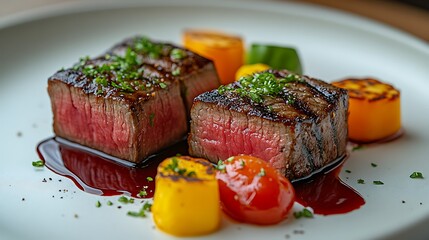 Two perfectly cooked and seasoned steak with a red wine sauce on a white plate with sauteed vegetables.