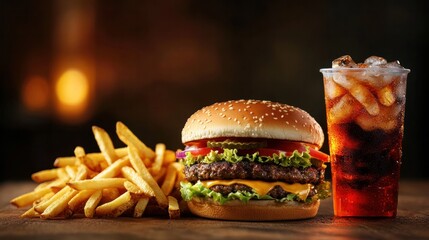 a high-calorie meal featuring a fast food burger, large fries, and a soda, with a focus on the overs