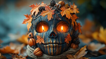 Glowing skull with autumn leaves and pumpkins.