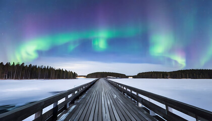 Beauty of Finnish wooden footbridge under serene night sky and aurora borealis