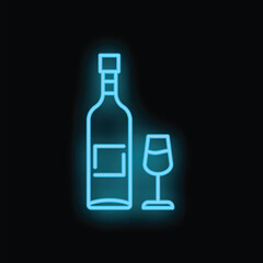 Wall Mural - Blue neon sign showing a wine bottle and a glass on black background