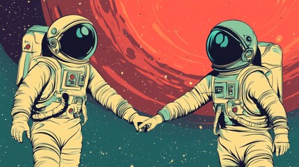 astronaut space travel follow me concept, couple love hand leads. Pop art retro vector illustration comic cartoon vector vintage kitsch drawing 