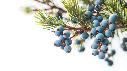 Close-up of a juniper branch with blue berries against a white background.