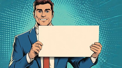 Businessman shows blank paper poster. Pop art retro vector illustration. Copy space background 