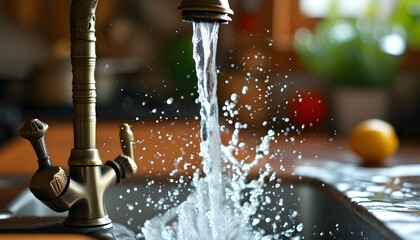 close-up of sparkling water splash from kitchen tap with shallow depth of field