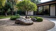 © P.G - Minimalist front yard with a simple gravel bed, well-placed large rocks, and a small tree in the center, no people, no logos.