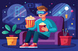 © Aupurbo - Illustration of a person sitting on a couch wearing VR goggles, holding popcorn, surrounded by virtual reality interface elements and potted plants.