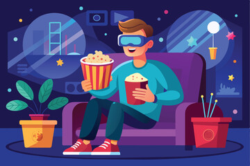 Poster - Illustration of a person sitting on a couch wearing VR goggles, holding popcorn, surrounded by virtual reality interface elements and potted plants.