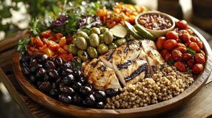 A Mediterranean-style platter with olives, whole grains, grilled fish, and fresh vegetables, offering a heart-healthy and flavorful diet