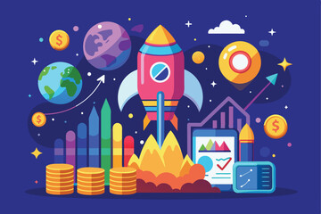 Poster - A rocket takes flight, with cash and various items floating around it, signifying the pursuit of wealth and innovation.
