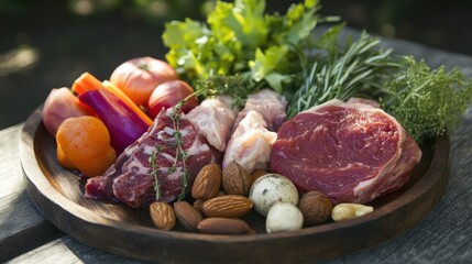 A paleo diet plate filled with lean meats, nuts, and fresh vegetables, staying true to ancestral dietary patterns