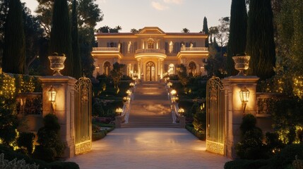 majestic estate entrance featuring a grand marble staircase, golden gates, and lush gardens, set agl