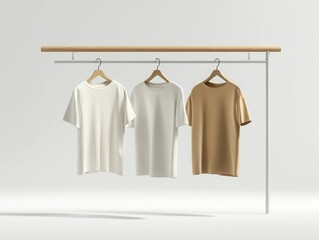 Three stylish t-shirts in white, light gray, and tan hang on a minimalist rack against a clean background.