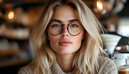 Wall Mural - Charming blonde girl with glasses enjoying a cozy cafe atmosphere