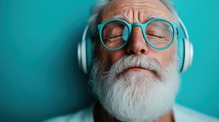 A close-up portrait of a man listening to headphones against a turquoise background, focusing on the auditory experience and the mood associated with music enjoyment.