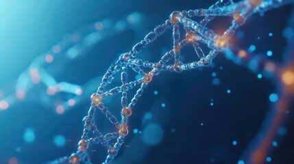 Poster - A close-up of a glowing DNA strand with a blue background.