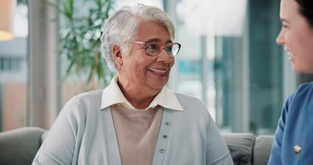 Poster - Senior woman, nurse and holding hands for healthcare, support and wellness on sofa with empathy. Elderly person, love and healing for mental health with geriatric worker, hope and communication