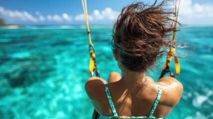 A woman enjoys a swing ride over clear blue ocean waters, capturing the essence of freedom, adventure, and the refreshing experience of being at the beach.