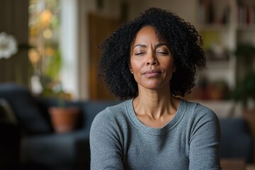 Wall Mural - Serene Middle-Aged African Woman Meditating at Home to Alleviate Anxiety