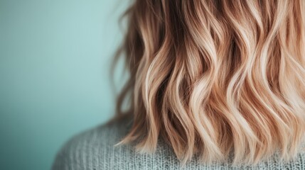 The image shows shoulder-length blonde wavy hair set against a soft teal background, highlighting the texture and color of the hair with an artistic focus on detail and style.