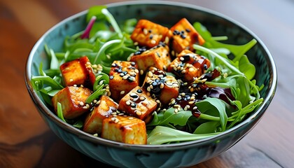 Vibrant salad with grilled tofu, sesame seeds, and a tasty sauce representing healthy eating and balanced nutrition in Asian cuisine