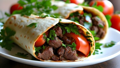 Savory beef burrito on a white plate adorned with fresh tomatoes and parsley, representing hearty Mexican cuisine and delicious flavors