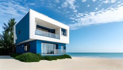 Coastal charm of a white and blue house framed by sandy beach and tranquil sea views