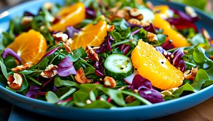 Vibrant salad featuring orange slices, fresh greens, and crunchy nuts served on a blue plate, highlighting a healthy and delicious meal