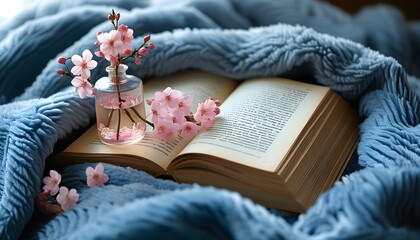 Serene reading nook with an open book on a soft blue blanket and a vase of delicate pink flowers, embodying tranquility and natural beauty