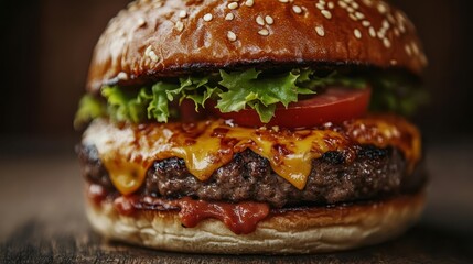 A mouth-watering cheeseburger with melted cheese, fresh lettuce, sliced tomatoes, and savory sauce inside a sesame seed bun, perfect for a delicious meal.