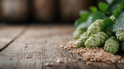 Wall Mural - fresh green hops and barley grains are displayed on a rustic wooden table, showcasing the raw materi