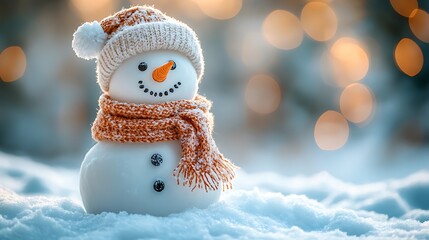 A snowman with a knitted hat and scarf stands in the snow with a bokeh background.