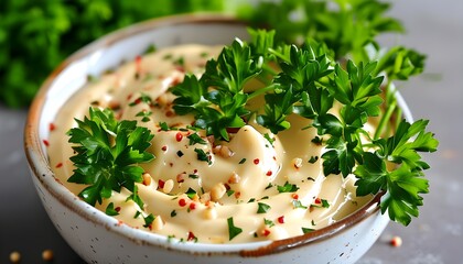 Creamy sauce adorned with fresh parsley, embodying flavor, freshness, and a healthy touch for culinary delights