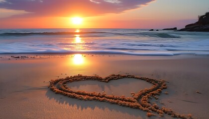 Sunset beach scene with a heart drawn in the sand