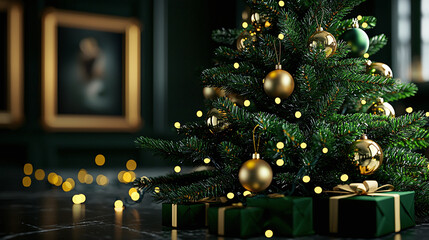 a stunning Christmas tree, adorned with elegant gold ornaments and lights, against a dark background that features framed artwork