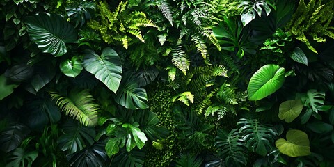 Wall Mural - A lush green wall covered in various types of leaves, including ferns, monstera, and palm leaves, creating a vibrant and textured background.