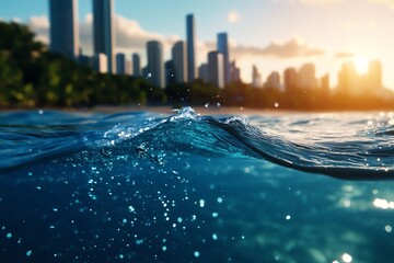 A serene view of ocean waves with a city skyline in the background, illuminated by a beautiful sunset.