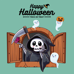 Wall Mural - Vintage Halloween poster design with vector reaper, ghost character. 