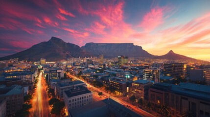 Wall Mural - The central business district of Cape Town, surrounded by the famous Table Mountain and bathed in the warm tones of a South African sunset