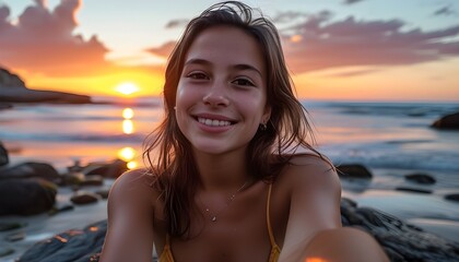 Canvas Print - Joyful beach sunset selfie of a girl on the rocks, smiling and waving with the sun setting in the background