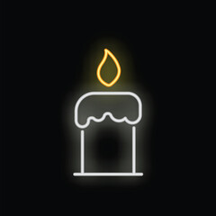 Poster - neon sign of a burning candle with melting wax, glowing white and yellow on a black background