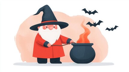 Wizard stirring potion with bats, isolated