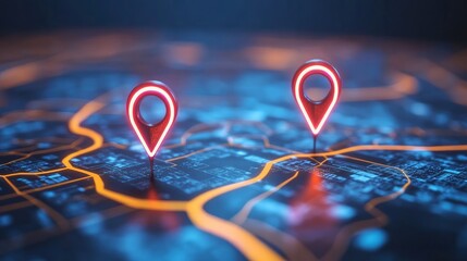 Digital hand-drawn location marked with two pins on a map. Future transport logistics, innovation delivery, map location, route path concept, and AI technology in general practitioners. GPs make a poi