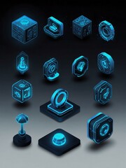 Wall Mural - A set of 12 futuristic neon blue isometric icons.